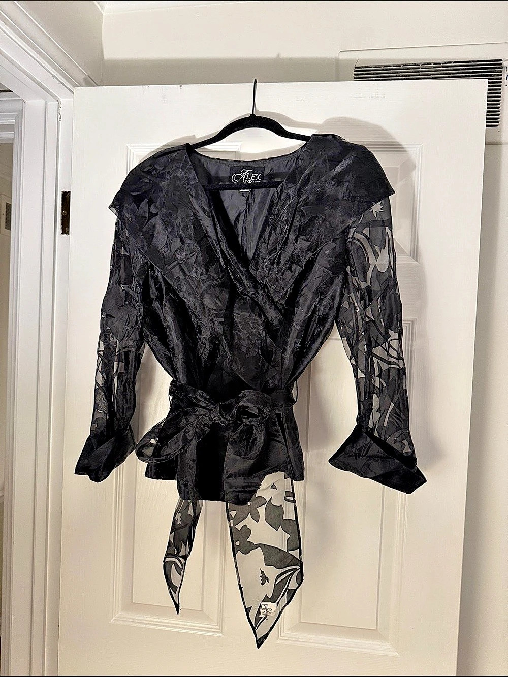 Alex Evenings Organza Wrap Top Black Floral Blouse